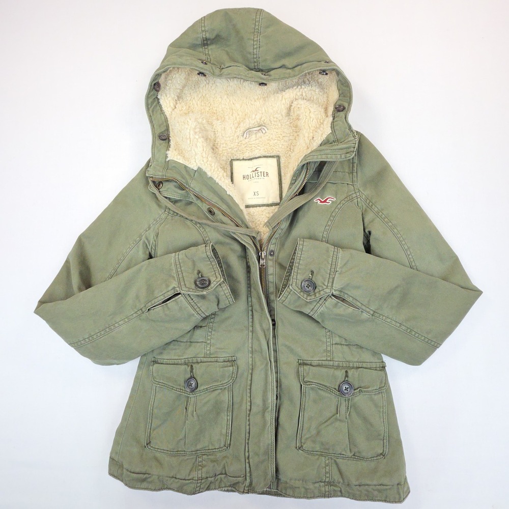 Hollister Sherpa Lined Military Utility Jacket Women XS Green Hooded Canvas Y2K